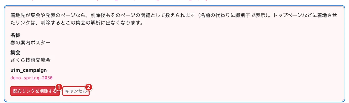 配布リンクのカード内の削除確認で「配布リンクを削除する」①、「キャンセル」②を赤枠で示した画面
