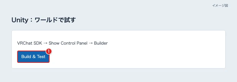 VRChat SDKのBuilderでBuild & Testを赤枠①で示した図
