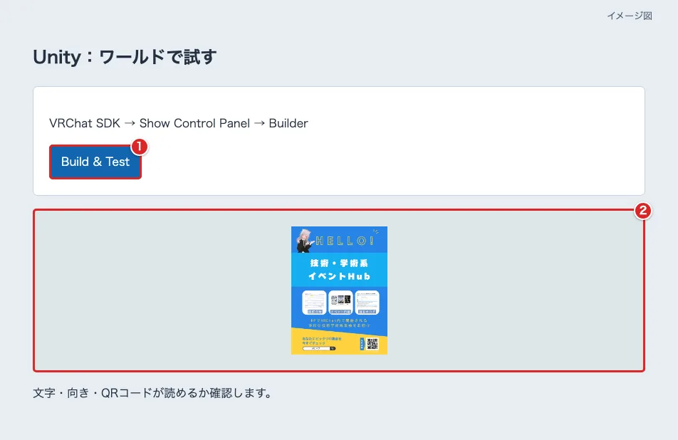 VRChat SDKのBuild & Testを赤枠①、ワールドに置いたポスターを②で示した図