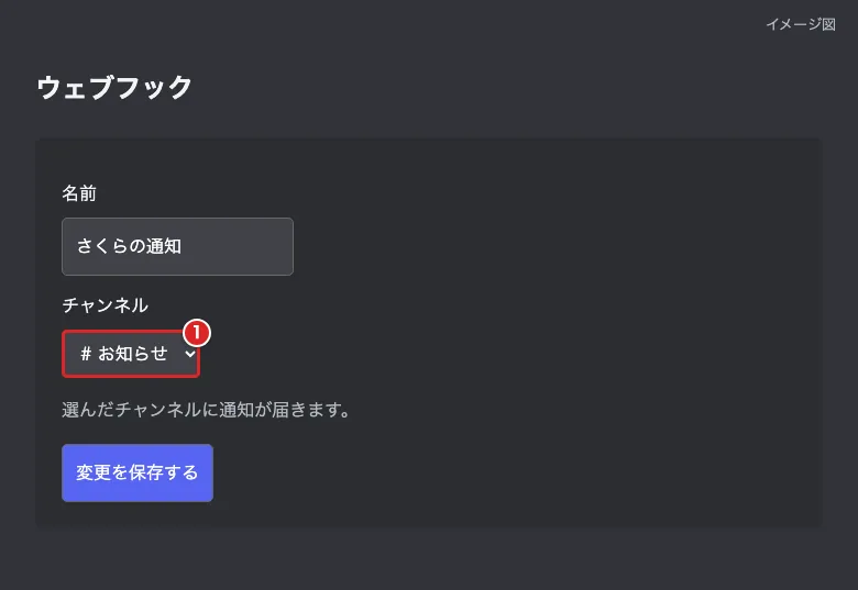 Discordのウェブフック編集でチャンネル選択欄を赤枠①で示した図