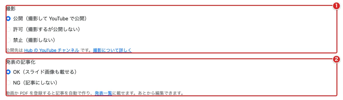 編集フォームの「撮影」①と「発表の記事化」②を赤枠で示した画面